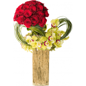red roses & cymbidium orchids wrapped in loops of bear grass