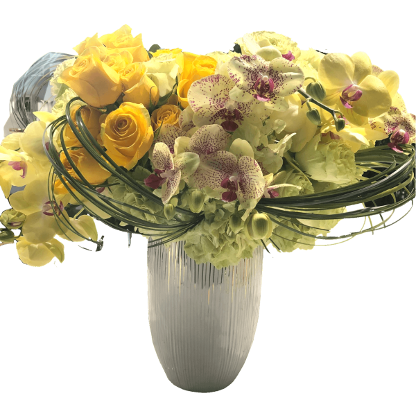 sunshine flowers with bright hydrangea, roses, phalaenopsis orchids,