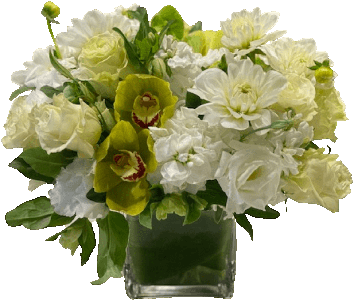 mix of soft white and green florals with roses