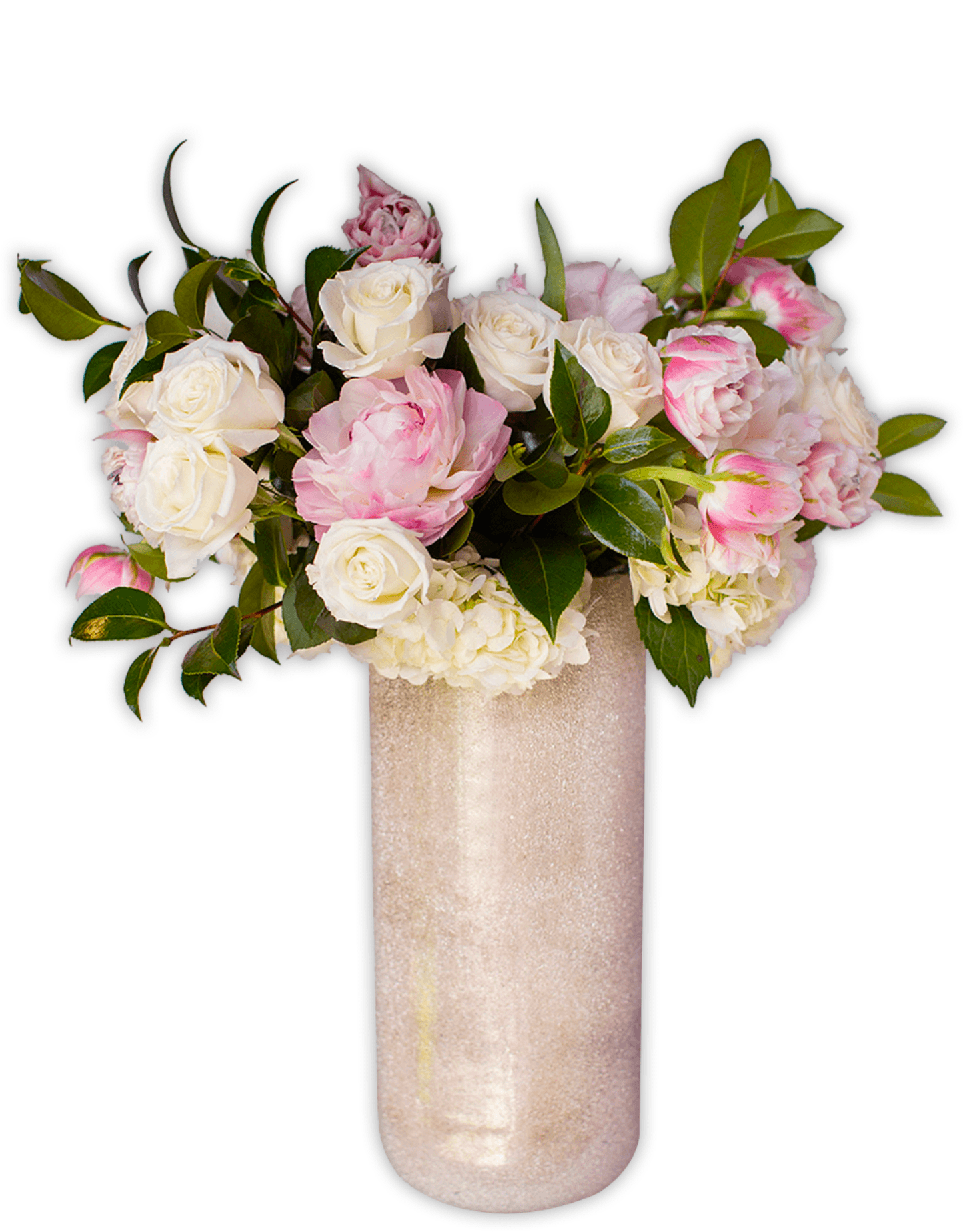 mixed hydrangea & roses arrangement with touch of greenery.