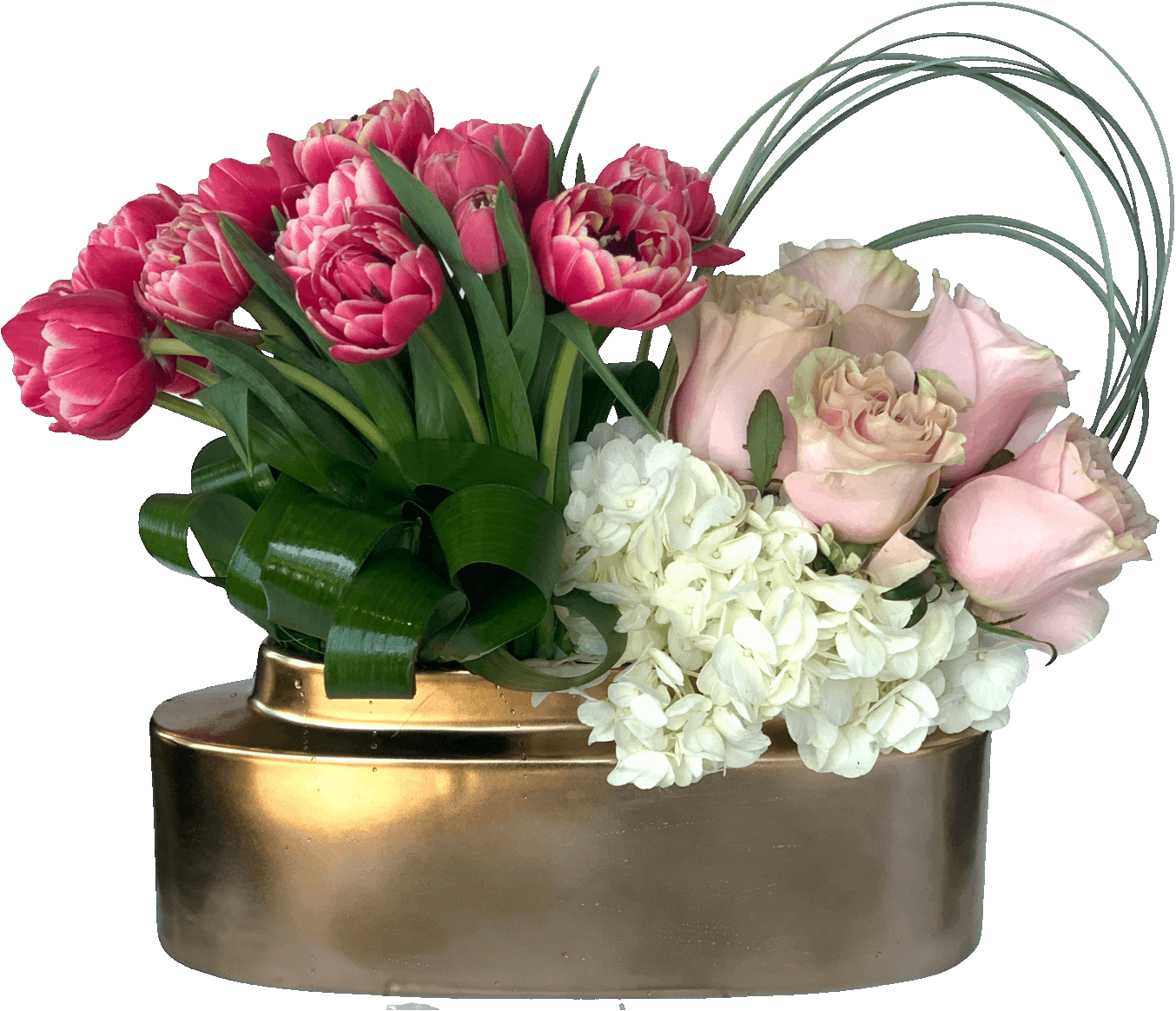 bunch of double pink tulips & light pink roses in vase