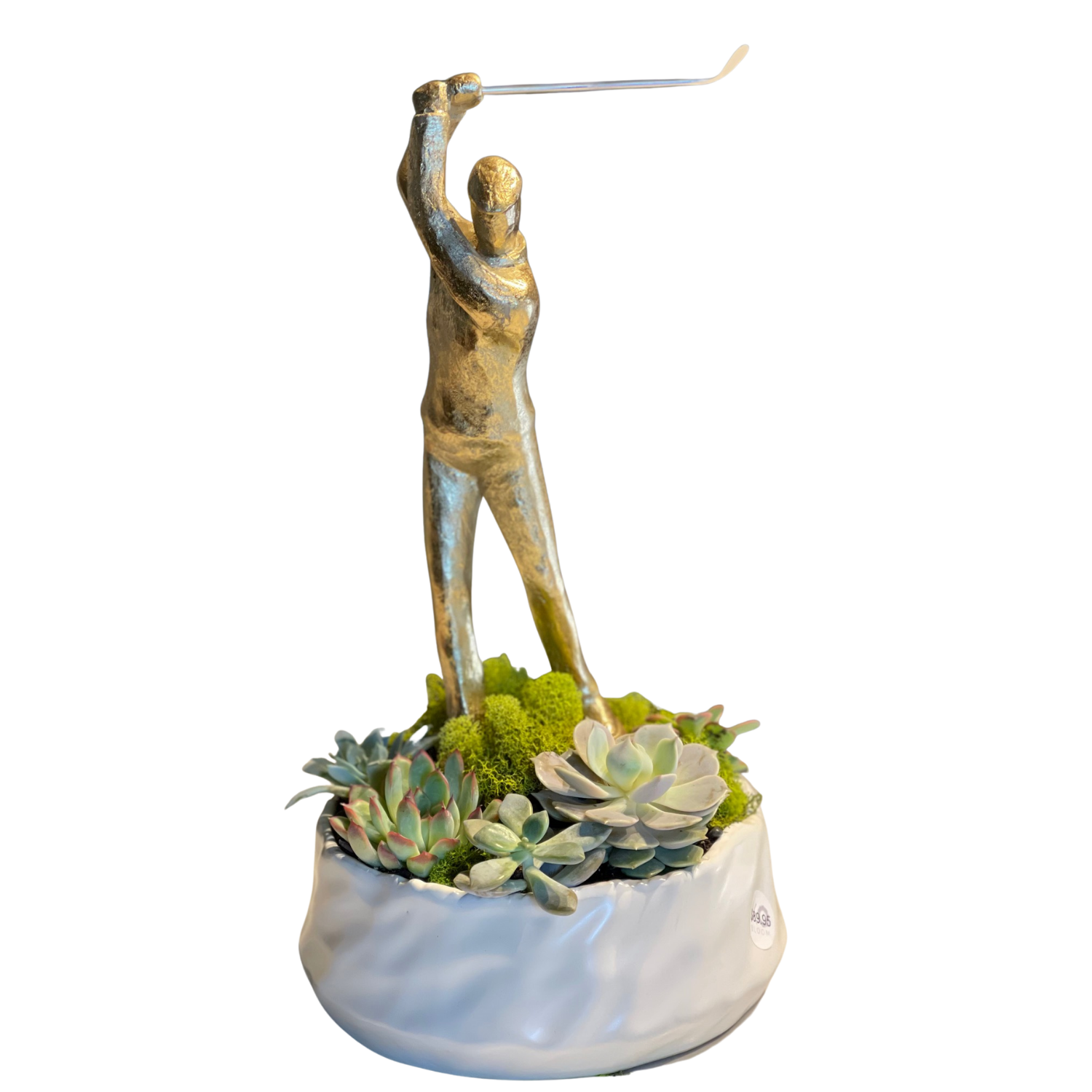 A golfer statue in a white ceramic vase
