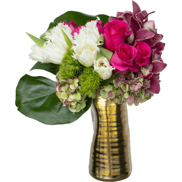 gold vase with mix of hot pink roses
