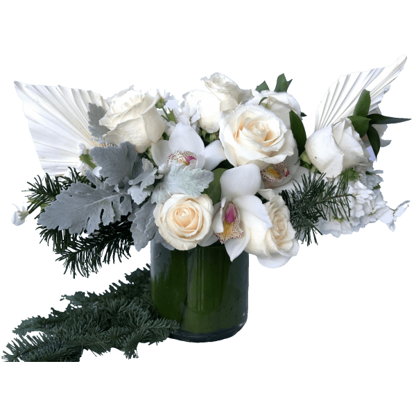 arrangement of white roses hydrangea cymbidium orchids