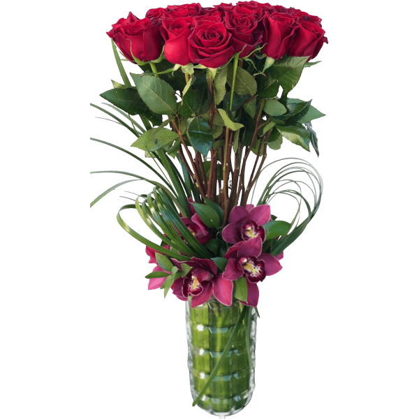 long stemmed-red roses arranged with bear grass loops
