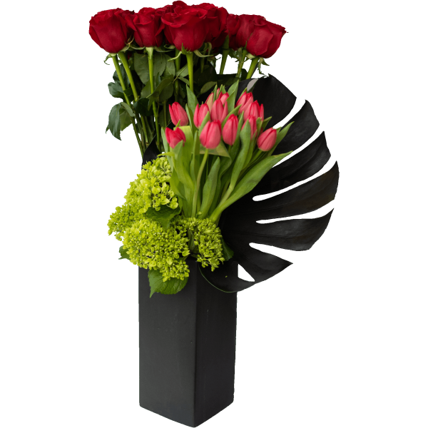 long-stemmed red roses tall with a cluster of tulips