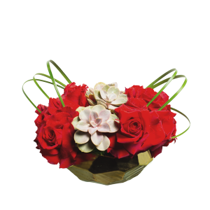 red roses & bear grass loops in gold vase