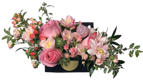 jewelry box with lush blooms of hydrangea, roses, peonies, sweet peas,